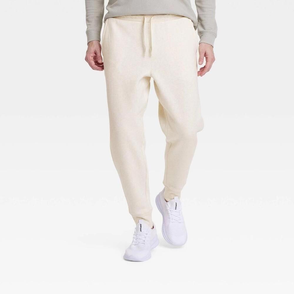 Men's Cotton Fleece Jogger Pants - All in Motion Oatmeal M Drawstring Waistband